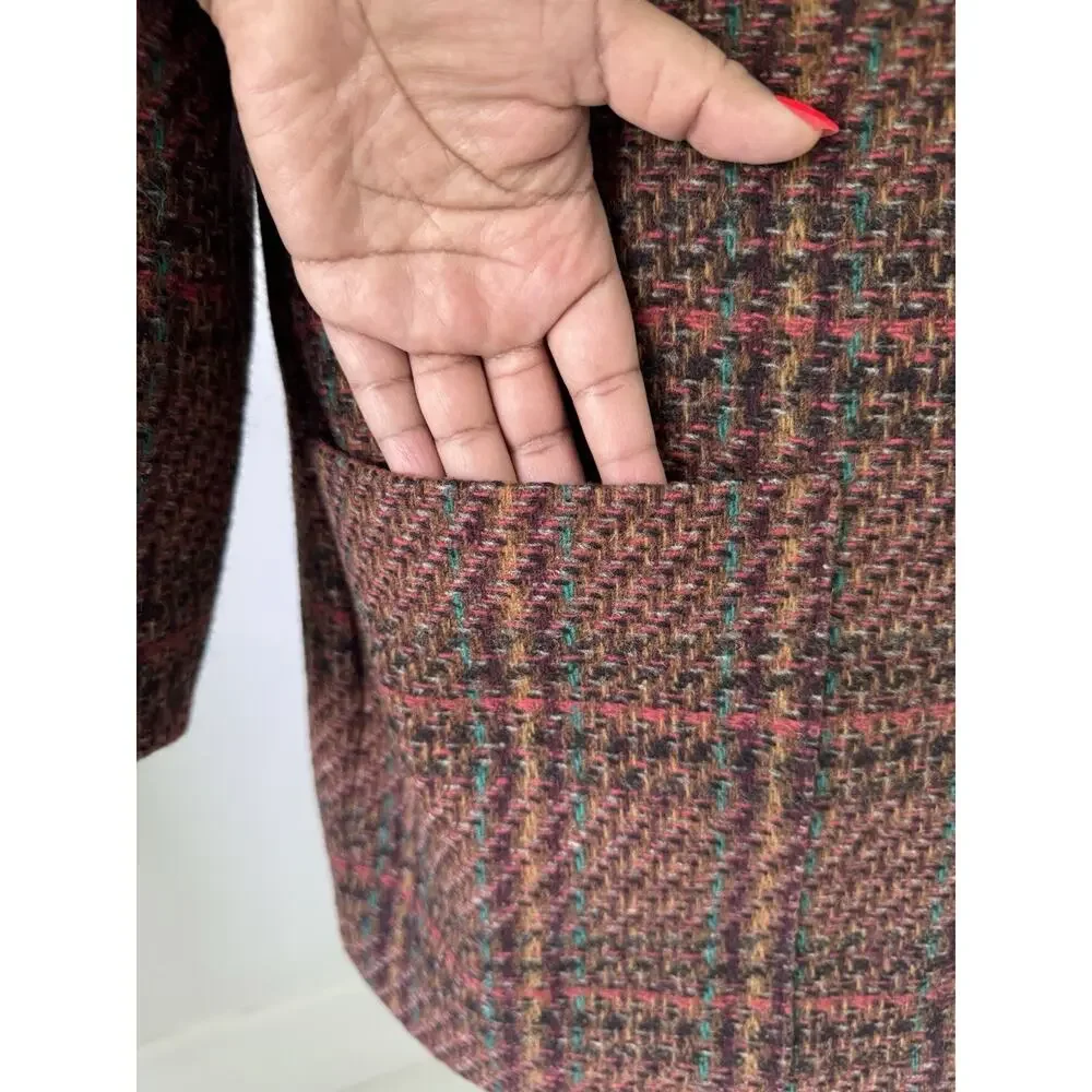 VTG Giorgio Sant’Angelo Plaid Tweed Wool Blazer Jacket Sz 14 Brown/Red Academia